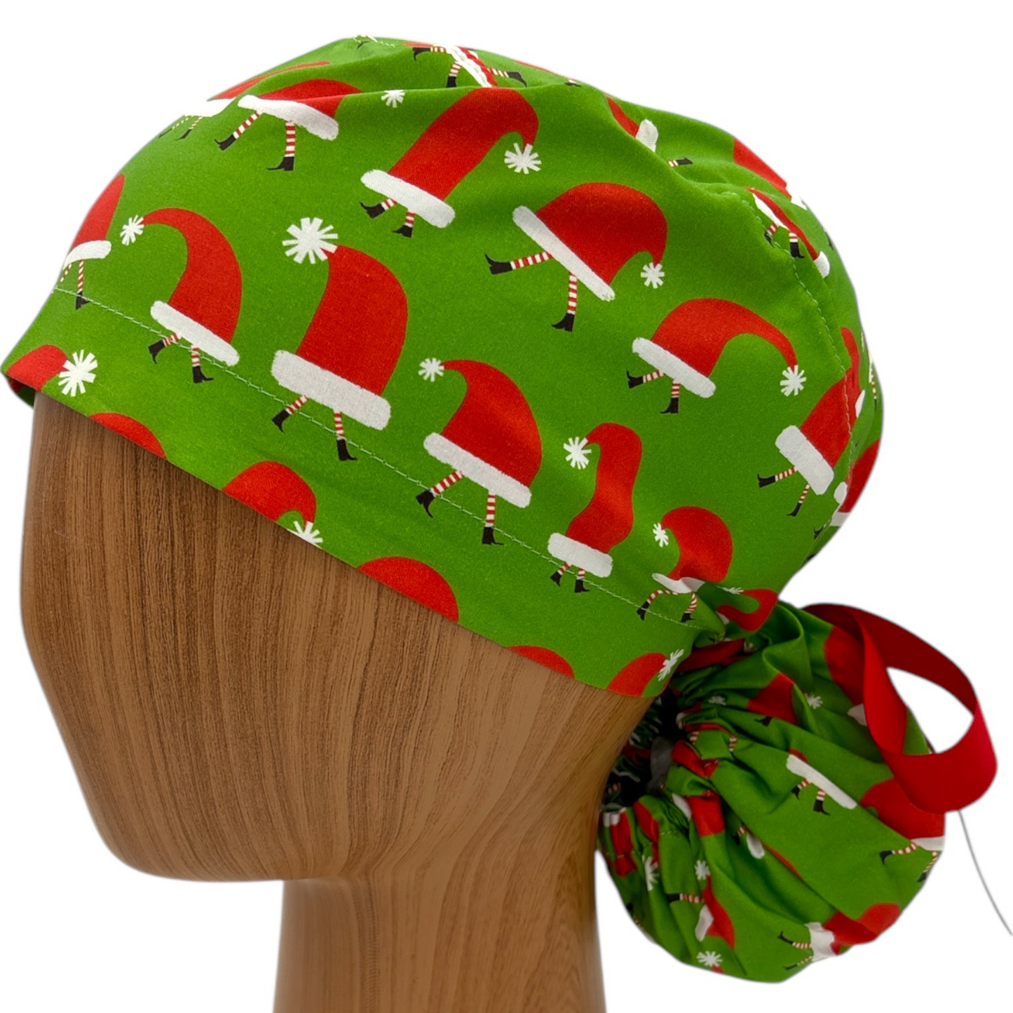 Santa Scrub Cap - Ponytail Style for Christmas