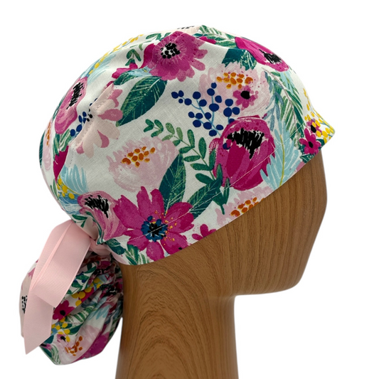 Floral Scrub Cap - Ponytail Style