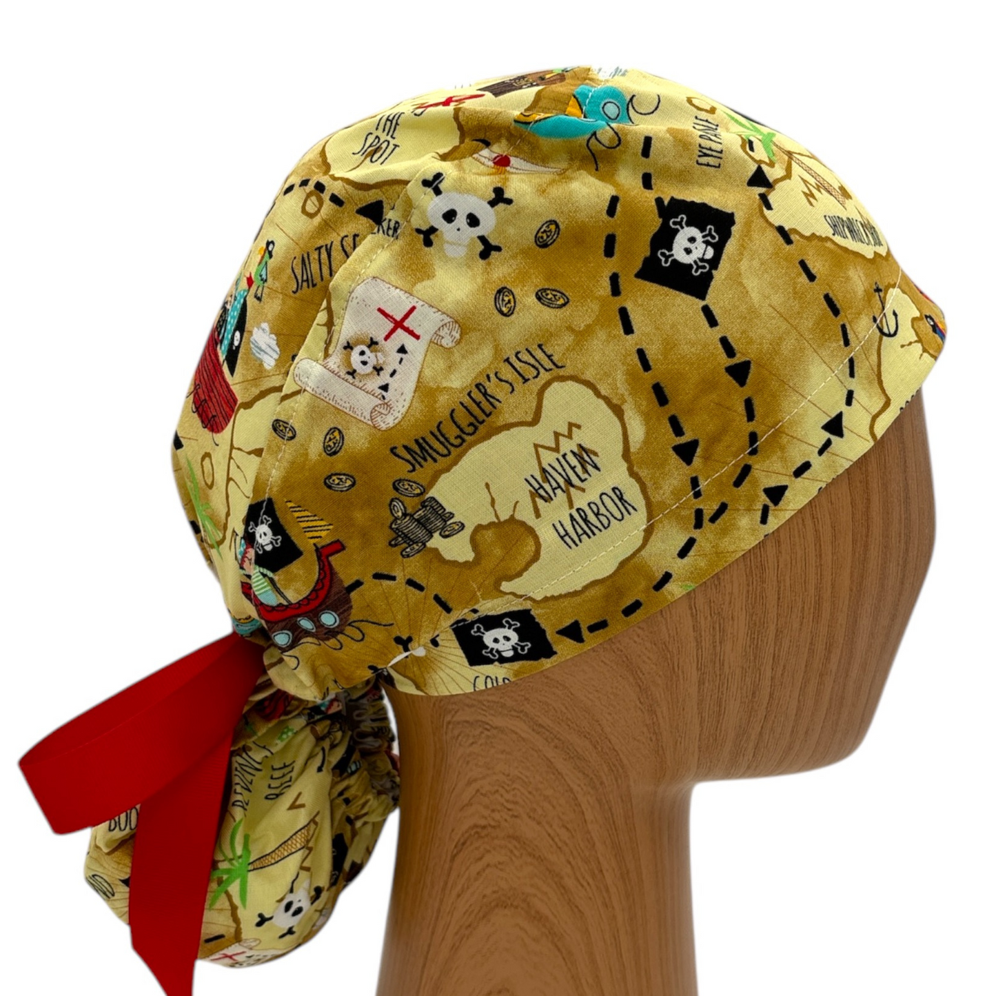 Pirate Map Scrub Cap - Ponytail Style