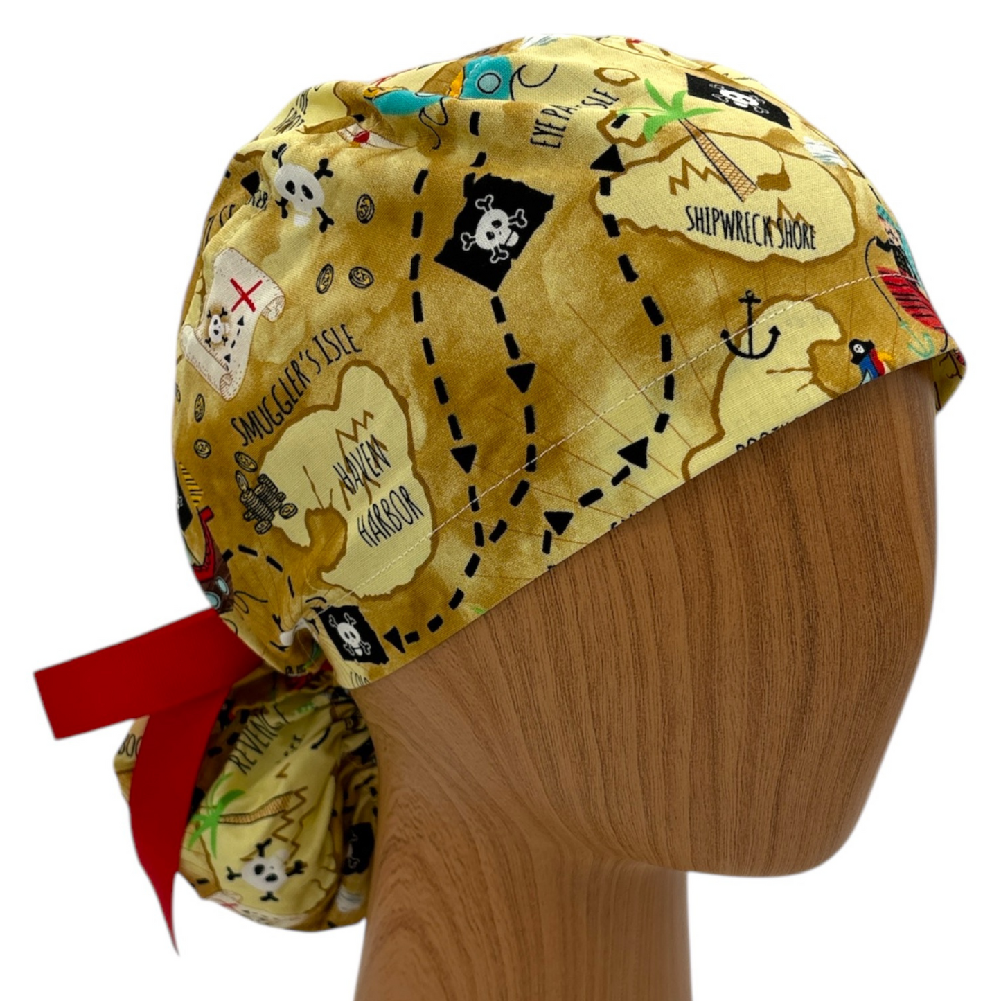 Pirate Map Scrub Cap - Ponytail Style