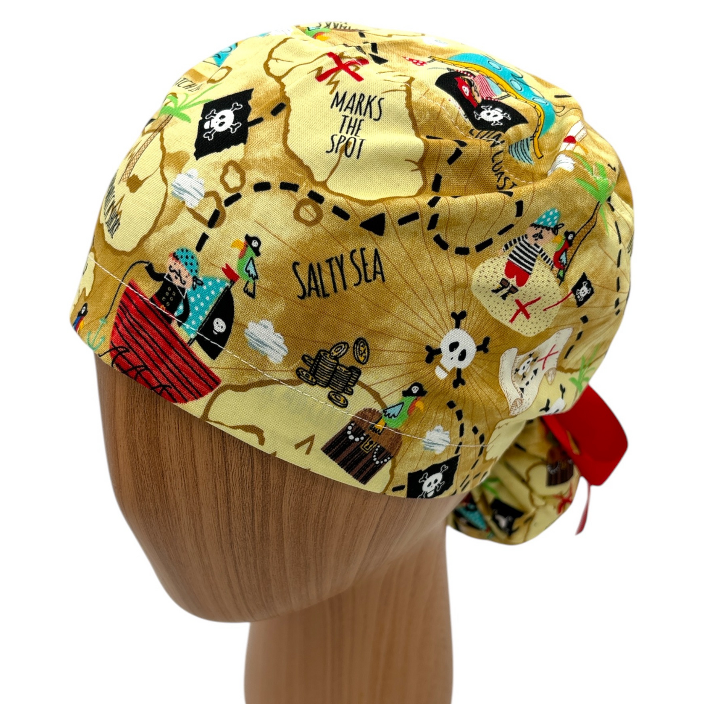 Pirate Map Scrub Cap - Ponytail Style