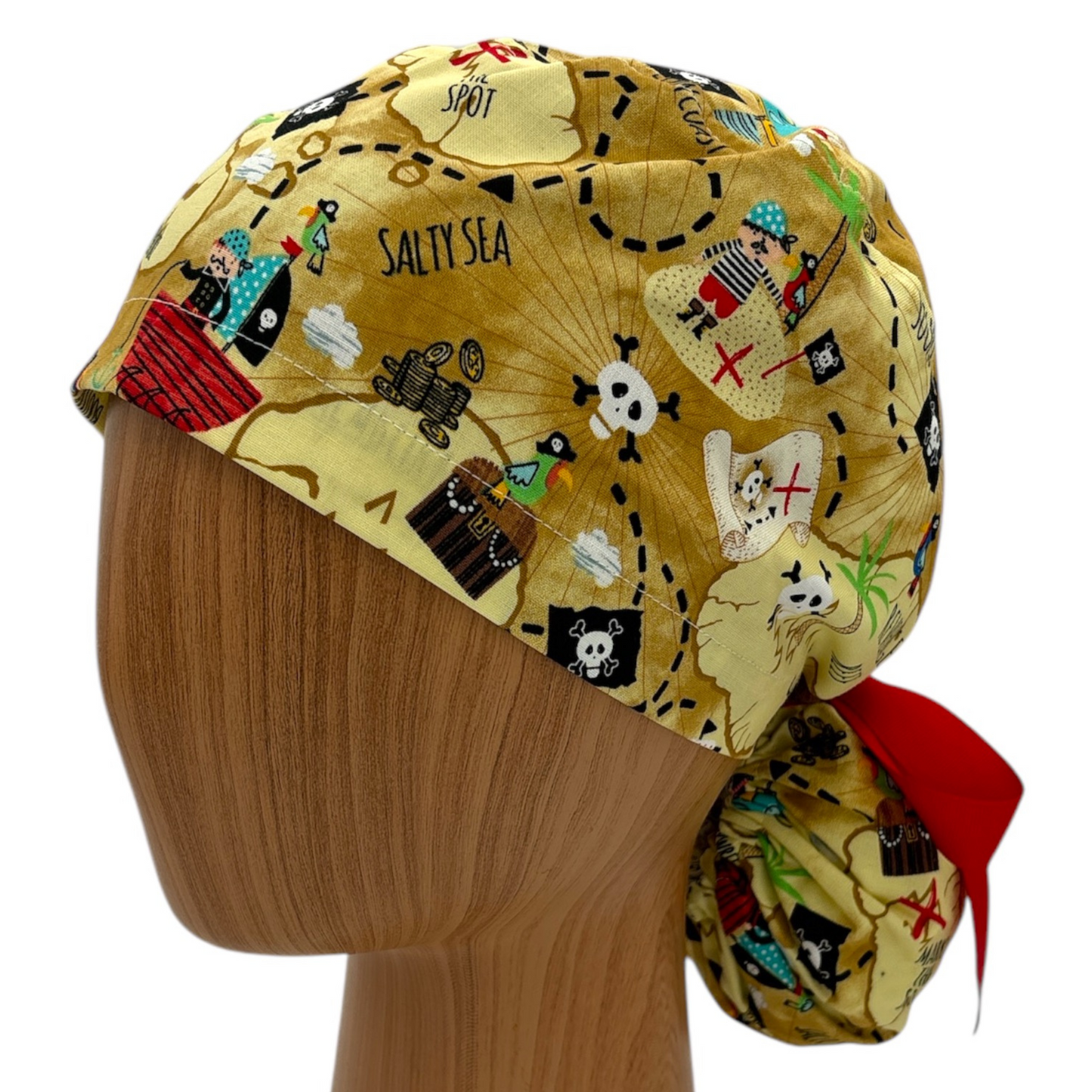 Pirate Map Scrub Cap - Ponytail Style