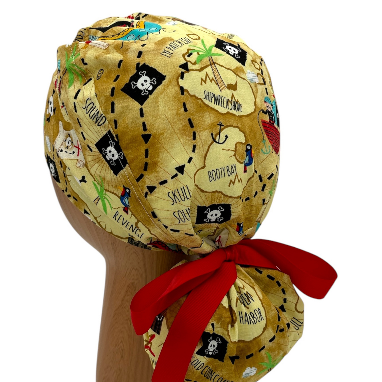 Pirate Map Scrub Cap - Ponytail Style