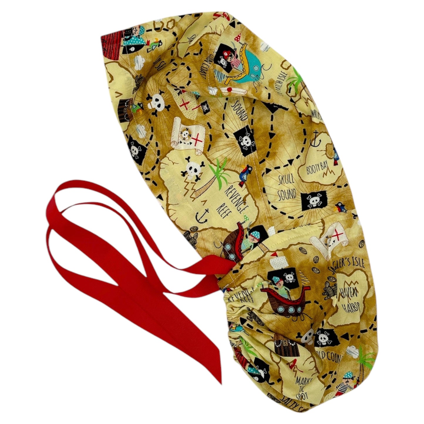 Pirate Map Scrub Cap - Ponytail Style