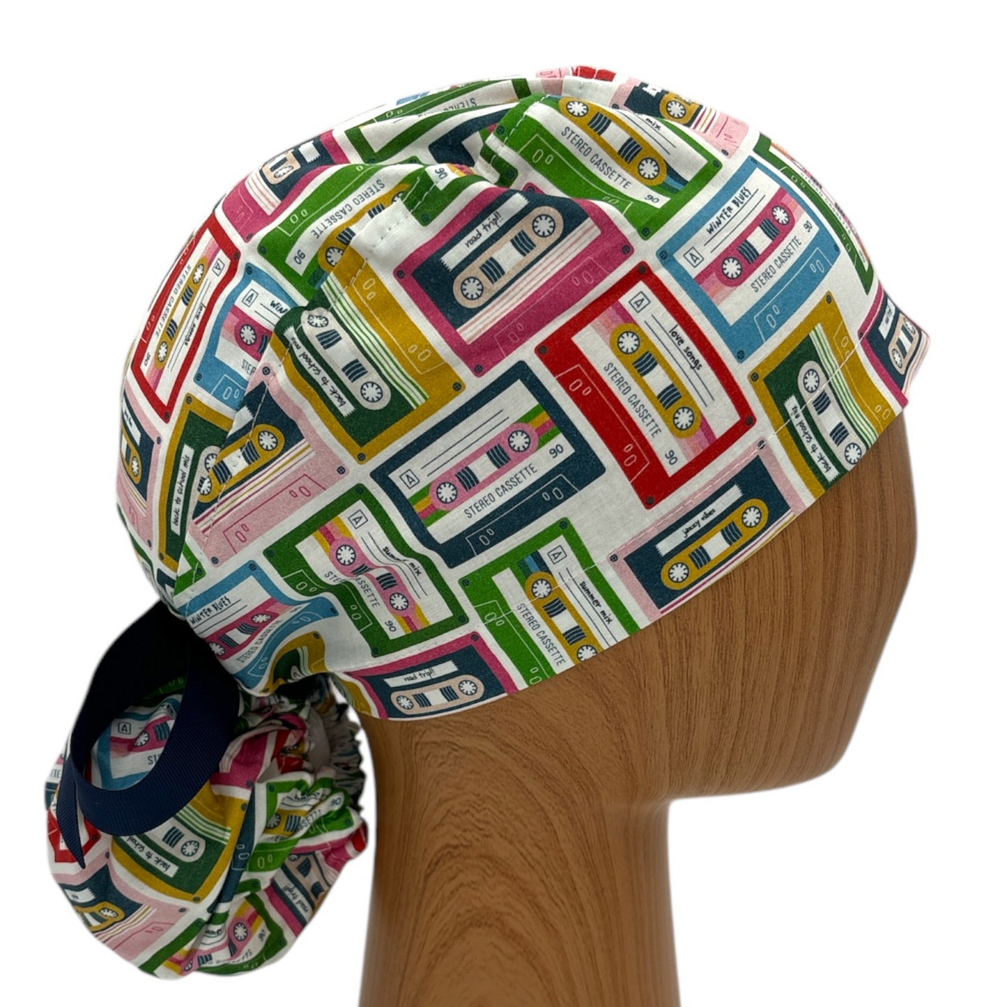 Retro Casette Tape Print Scrub Cap - Ponytail Style