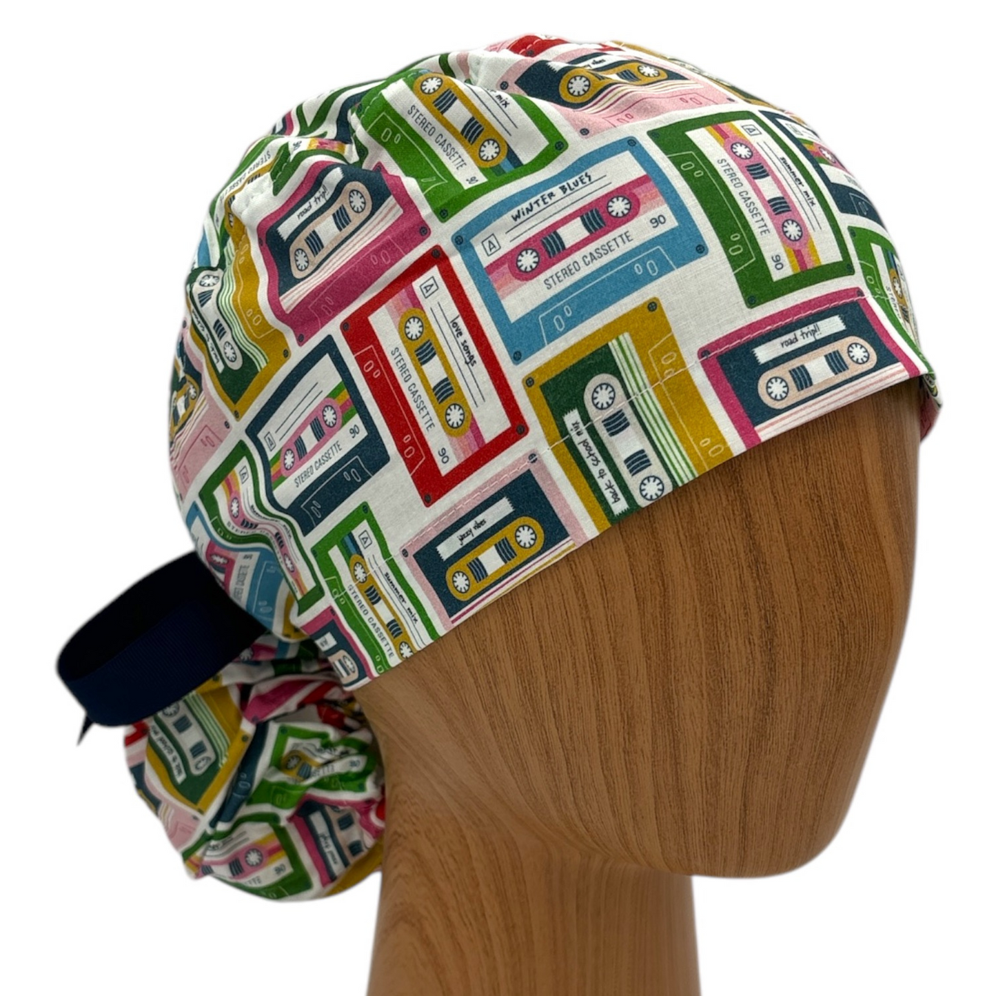 Retro Casette Tape Print Scrub Cap - Ponytail Style