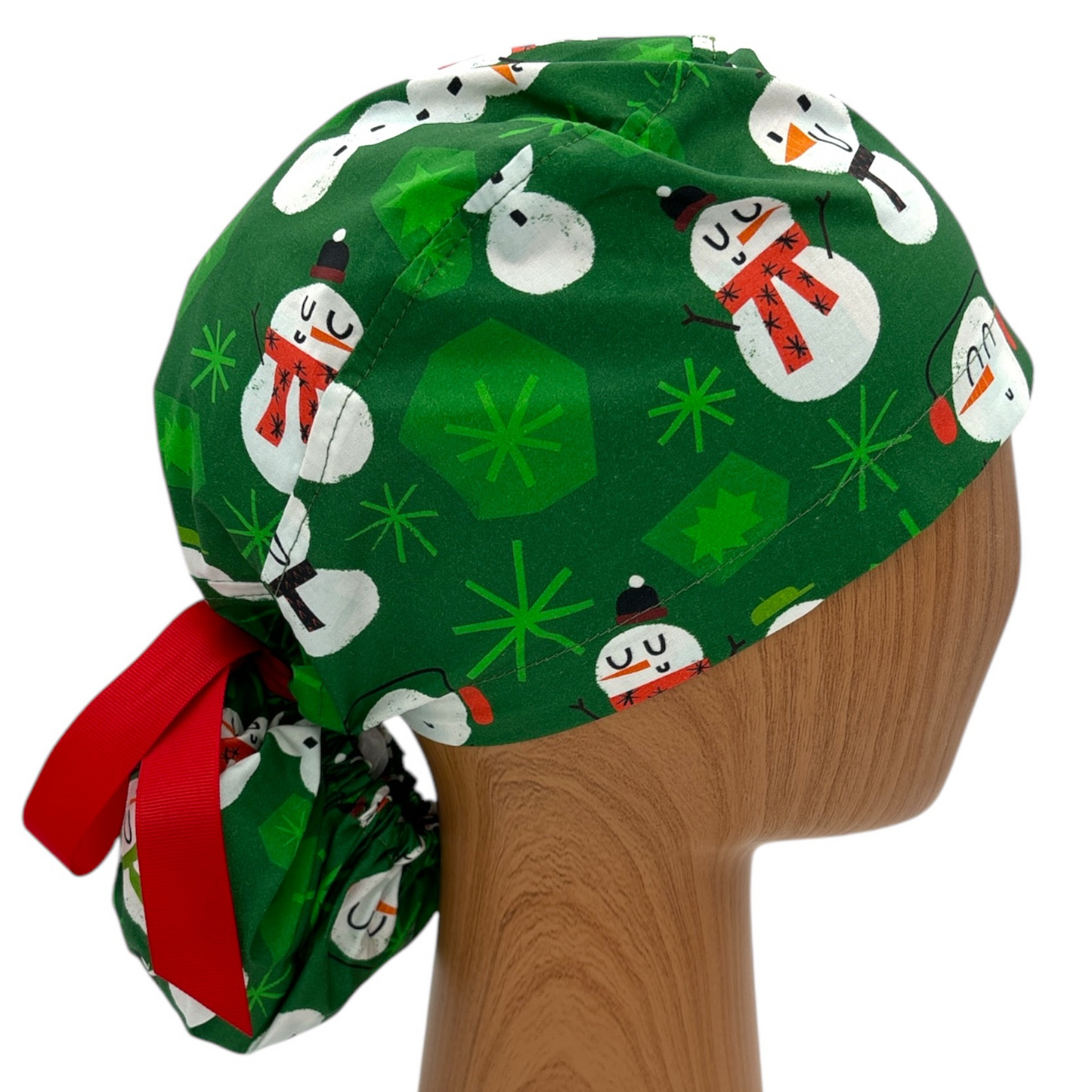 Christmas Snowman Scrub Cap - Ponytail Style